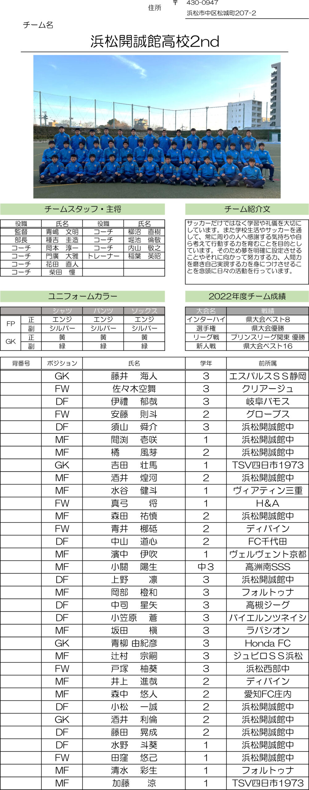 高円宮杯 JFA U-18サッカーリーグ2023 静岡　Aリーグ（浜松開誠館高校Ⅱ)