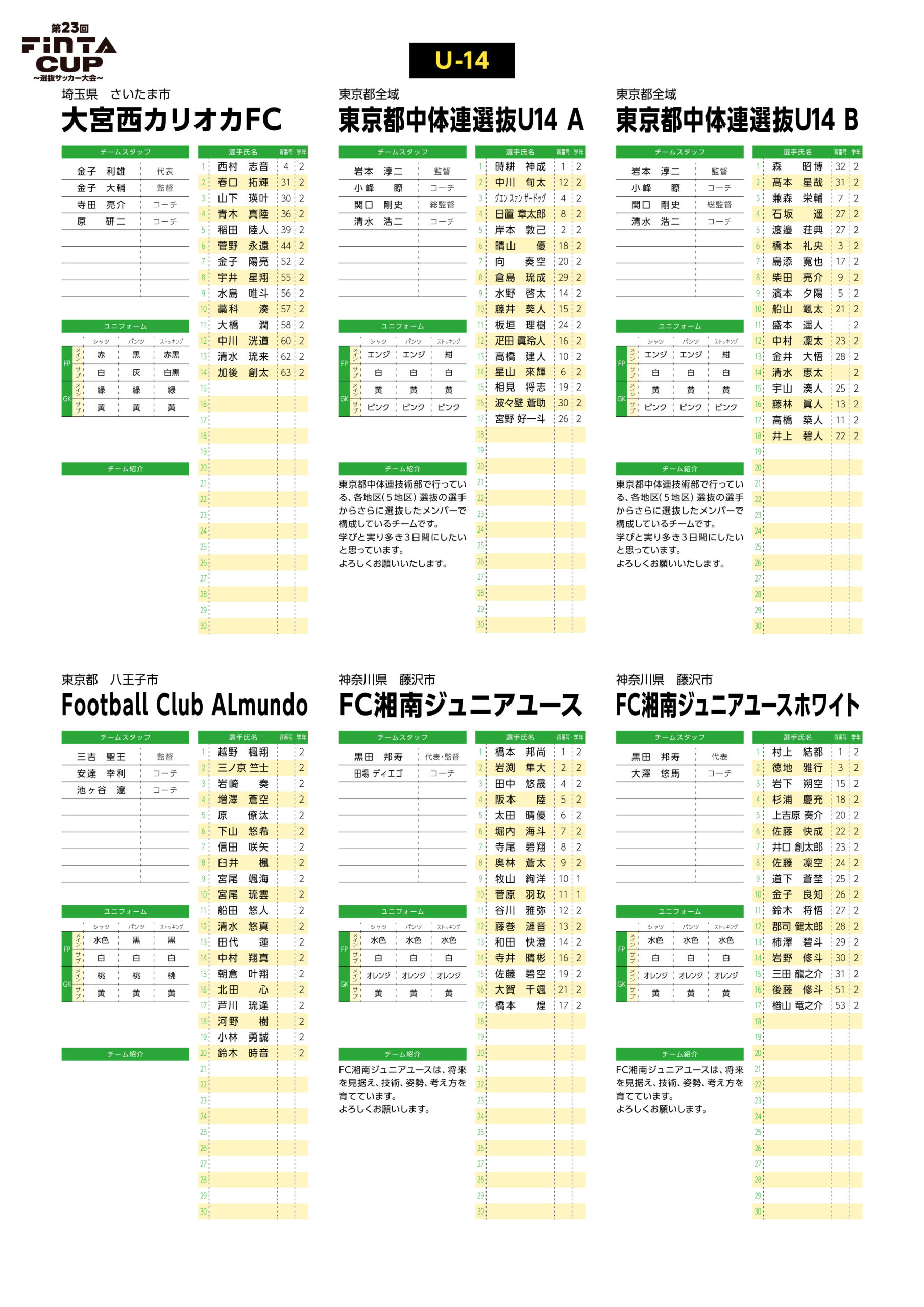 2026/1/4(日)～6(火)　第23回FinTA CUP～選抜サッカー大会～　メンバー表 トーナメント表
