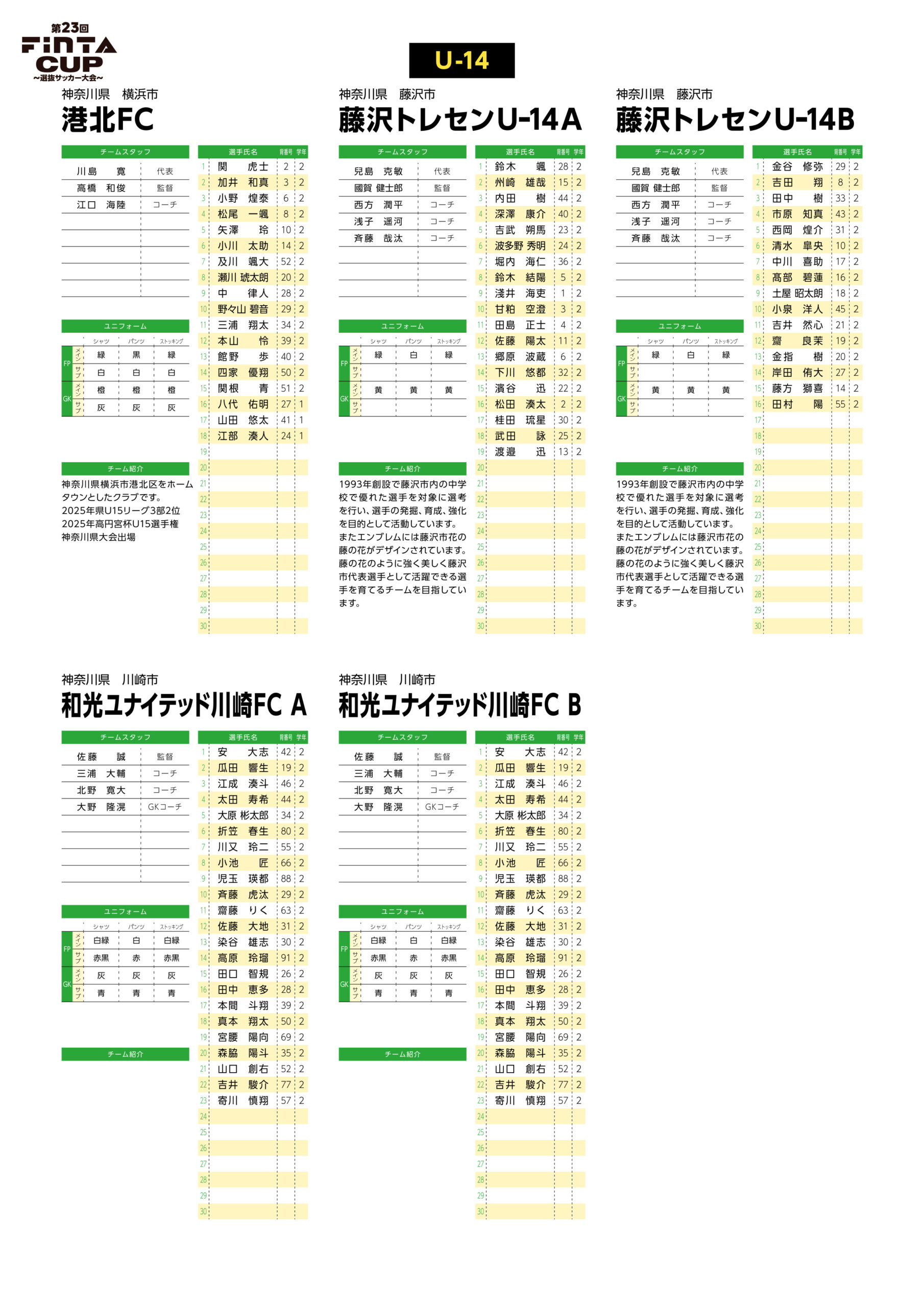 2026/1/4(日)～6(火)　第23回FinTA CUP～選抜サッカー大会～　メンバー表 トーナメント表