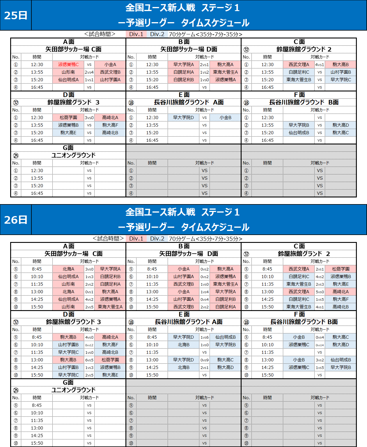 2026/3/25(水)～28(土) 全国ユース新人戦 ステージ1 スケジュール トーナメント表