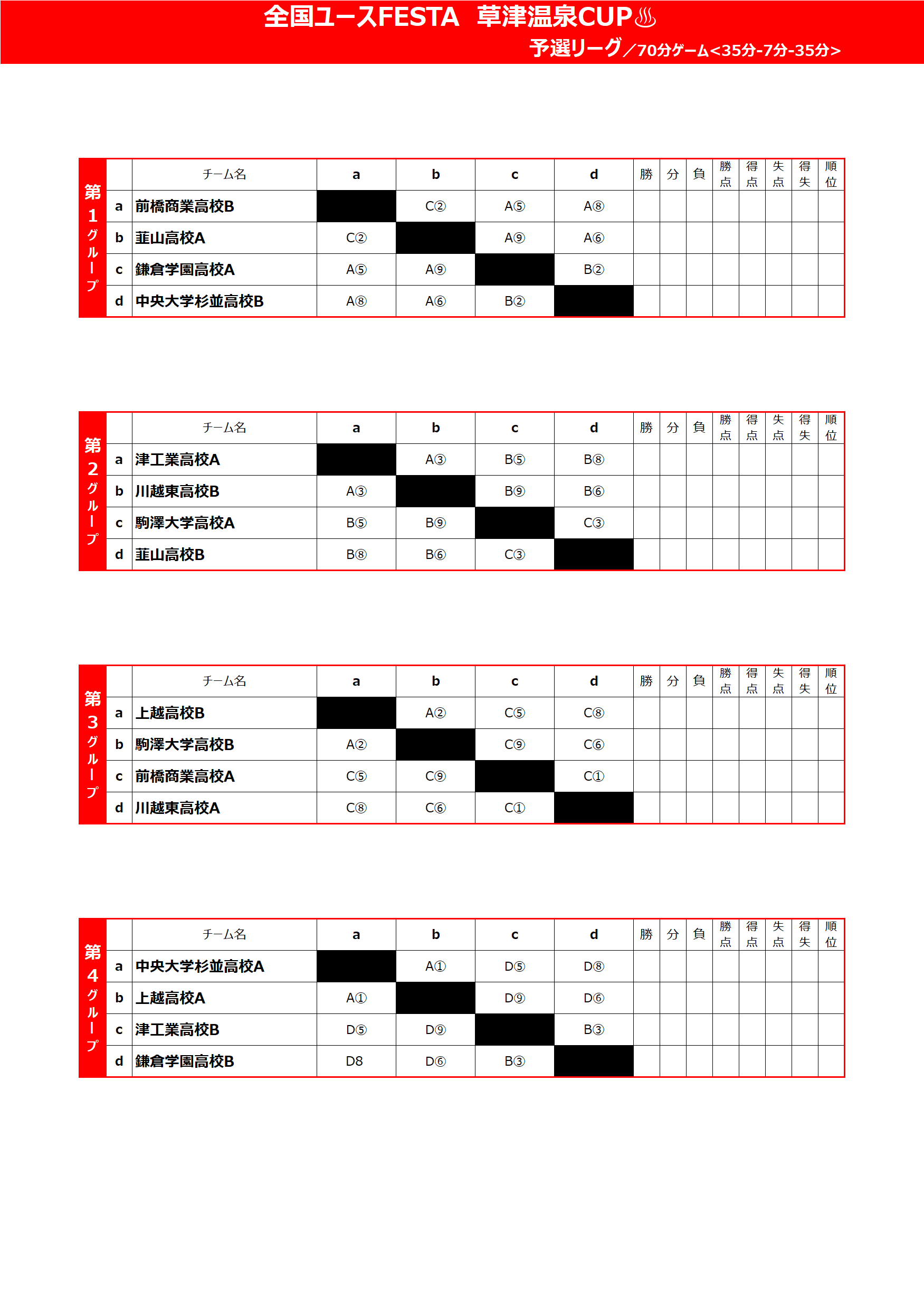2026/8/16(日)～19(水) 全国ユースFESTA 草津温泉CUP トーナメント表